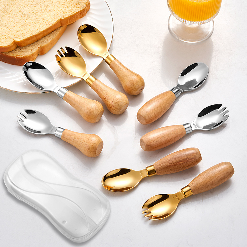 304 stainless steel children's tableware wooden-handled spoons and forks