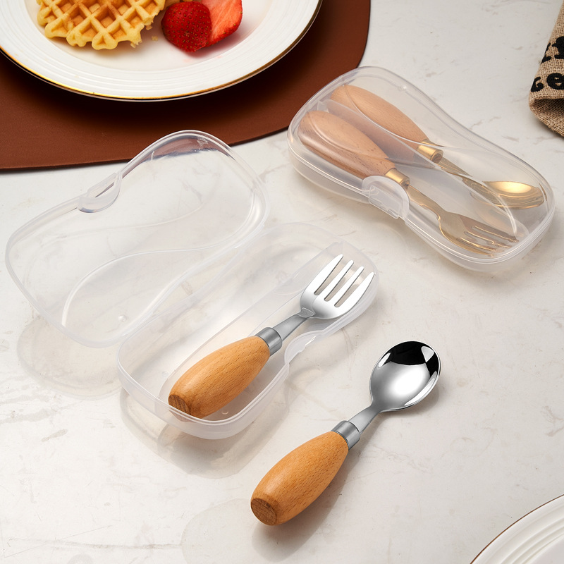 304 stainless steel children's tableware wooden-handled spoons and forks