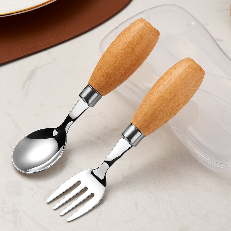 304 stainless steel children's tableware wooden-handled spoons and forks