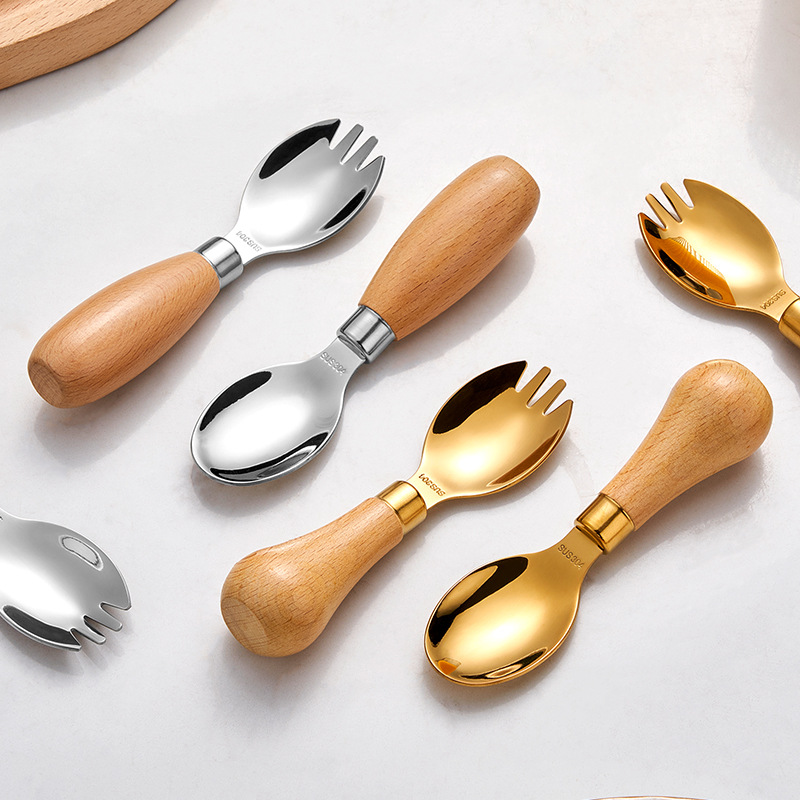 304 stainless steel children's tableware wooden-handled spoons and forks