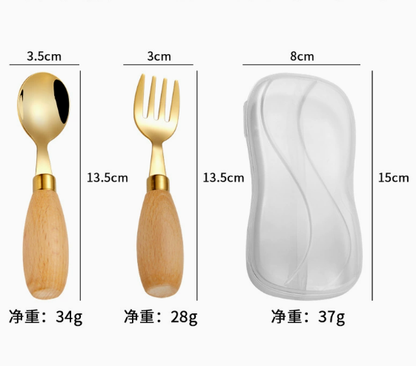 304 stainless steel children's tableware wooden-handled spoons and forks