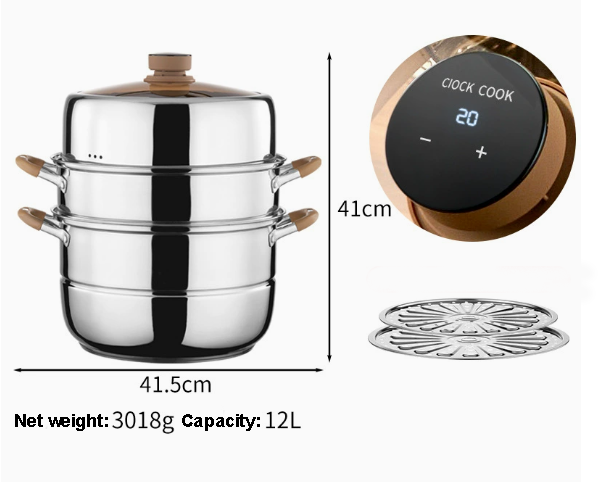 304 Stainless Steel Double-Layer Steamer with Timer – Multi-Tier Cooking Pot