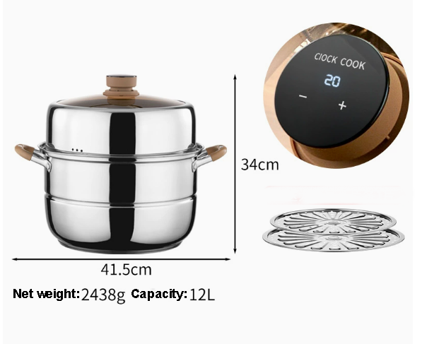 304 Stainless Steel Double-Layer Steamer with Timer – Multi-Tier Cooking Pot